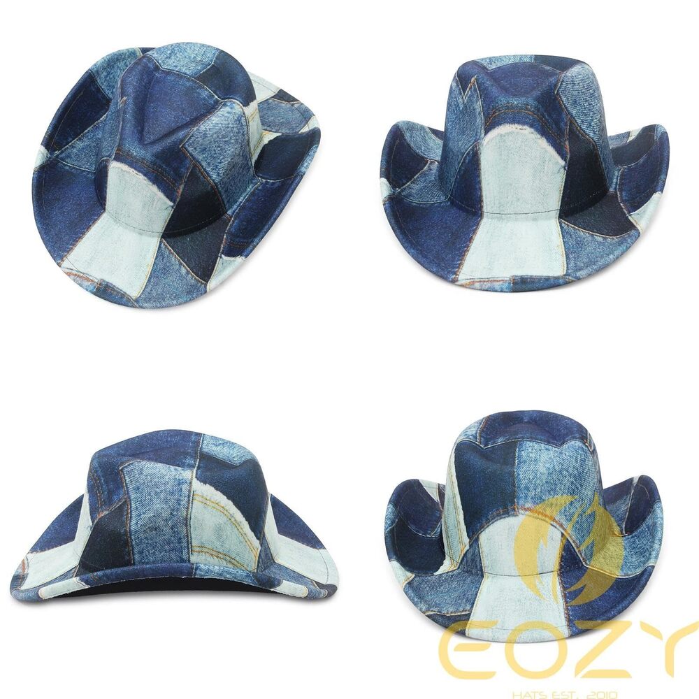 6547 Tie Dye Denim Patchwork Cowboy Hat For Women Men Western Wide Brim - Picture 4 of 7
